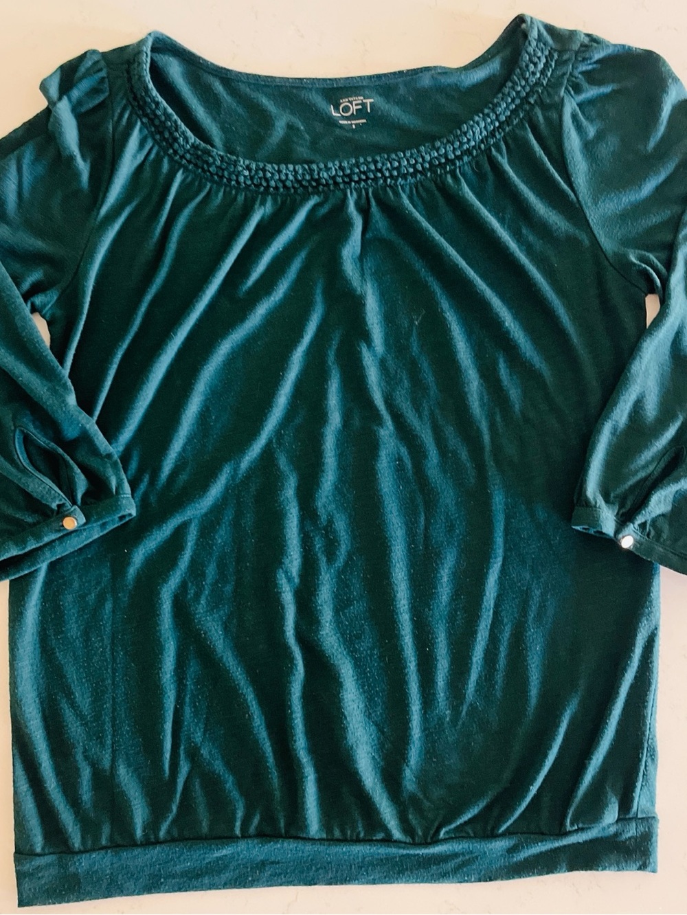 LOFT Dark Green Scoop Neck Knit Top with Braided Trim